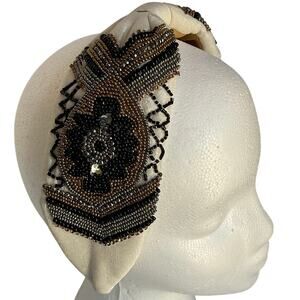 Hand Beaded Mexican Headband Beige  Padded Turban Style Embroidered Boho NWT